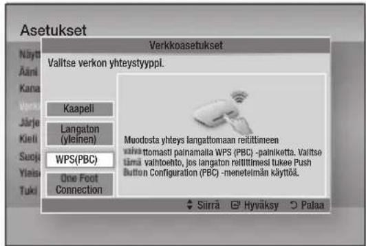 Asetukset Verkkoasetukset Valitse verkon yhteystyyppl. Kaapell Langaton (yleinen) WPS(PBC) One Foot Connection Muodosta yhteys langattomaan reittimeen valaattomasti palmamalla WPS (PBC) -palniketta. Valitse tärmä valtoehto, jos langaton reitttimesi tukee Push Button Configuration (PBC) -meneteimän käyttöä. Siirä Hyväksy Palaa