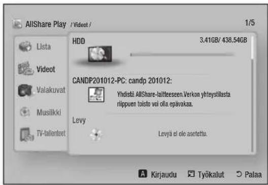 AllShare Play / Videot / 1/5 HDD 3.41GB/ 438.54GB CANDP201012-PC: candp 201012: Yindistä AllShare-laitteeseen.Verkon yhteystilasta riippuen toisto voi olla epavakaa. Levy Levyä el ole asefettu. A Kirjaudu Työkalut Palaa