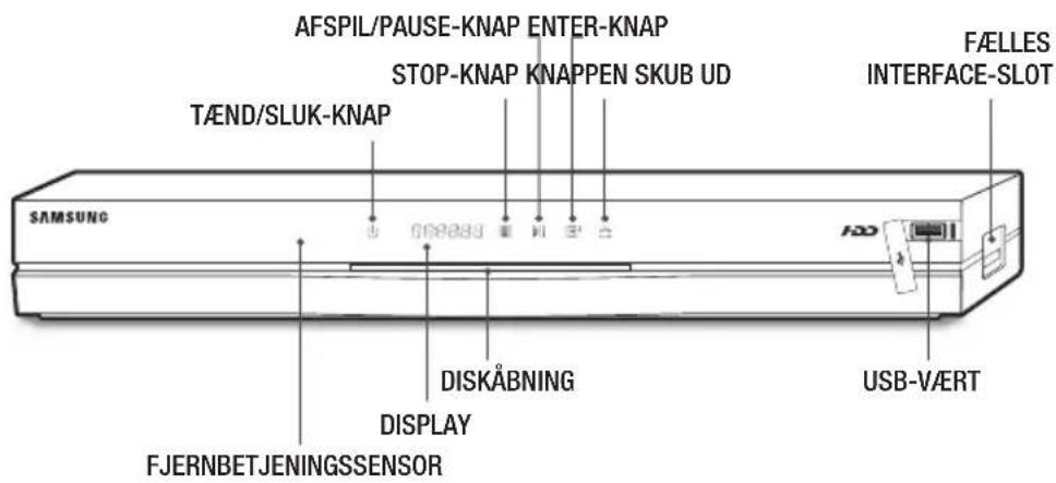 AFSPIL/PAUSE-KNAP ENTER-KNAP STOP-KNAP KNAPPEN SKUB UD TÆND/SLUK-KNAP FÆLLES INTERFACE-SLOT SAMSUNG DISKÅBNING DISPLAY FJERNBETJENINGSSENSOR USB-VÆRT