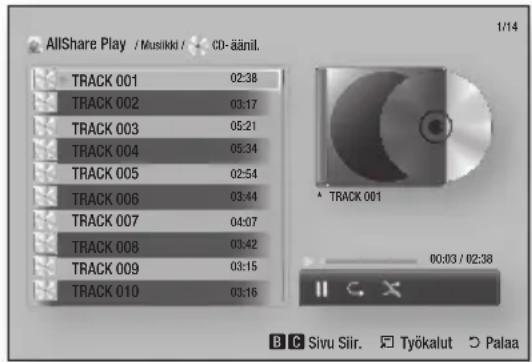 AllShare Play / Musikk / CD-änil. 1/14 TRACK 001 02:38 TRACK 002 03:17 TRACK 003 05:21 TRACK 004 05:34 TRACK 005 02:54 TRACK 006 03:44 TRACK 007 04:07 TRACK 008 03:42 TRACK 009 03:15 TRACK 010 03:16 TRACK 001 00:03 / 02:38 B C Sivu Siir. □ Työkalut ▶ Palaa