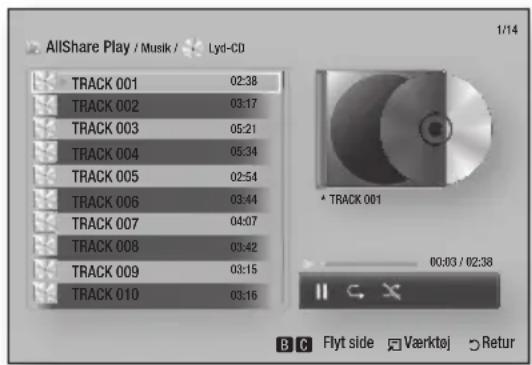 AllShare Play / Musik / Lyd-CD 1/14 TRACK 001 02:38 TRACK 002 03:17 TRACK 003 05:21 TRACK 004 05:34 TRACK 005 02:54 TRACK 006 03:44 TRACK 007 04:07 TRACK 008 03:42 TRACK 009 03:15 TRACK 010 03:16 * TRACK 001 00:03 / 02:38 B C Flyt side Værktøj Retur