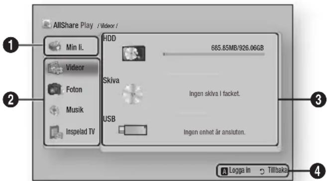 AllShare Play / Videor / Min li. Videor Foton Musik Inspelad TV HDD 685.85MB/926.06GB Sklva Ingen sklva I facet. USB Ingen enhet är ansluten. Logga in Tillbaka