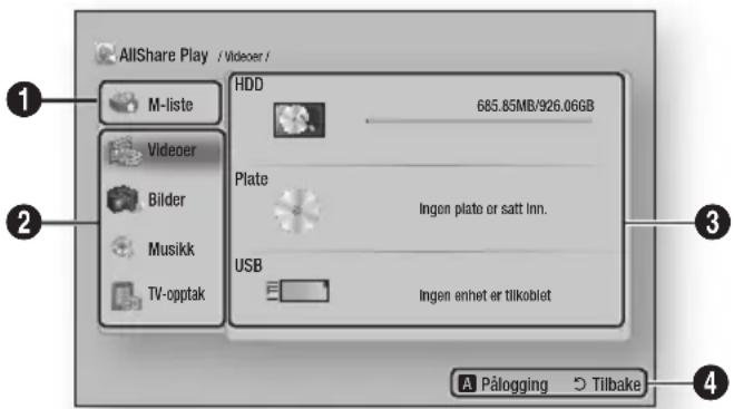 AllShare Play / Videoer / M-liste Videoer Bilder Musikk TV-opptak HDD 685.85MB/926.06GB Plate Ingen plate er satt inn. USB Ingen enhet er tilkoblet Pålogging ○ Tilbake
