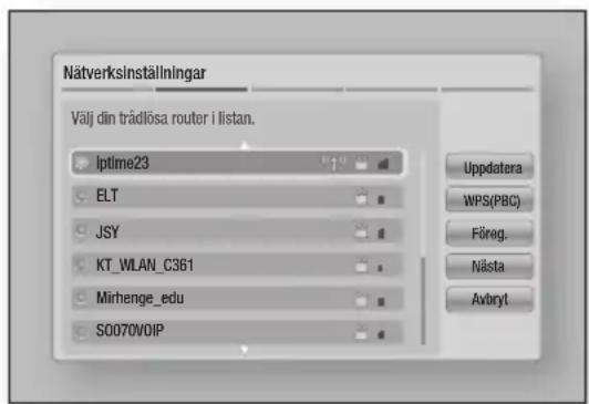 Nätverksinställningar Välj din trådlösa router i listan. Iptime23 ELT JSY KT_WLAN_C361 Mirhenge_edu SO070VOIP Uppdatera WPS(PBC) Föreg. Nästa Avbryt