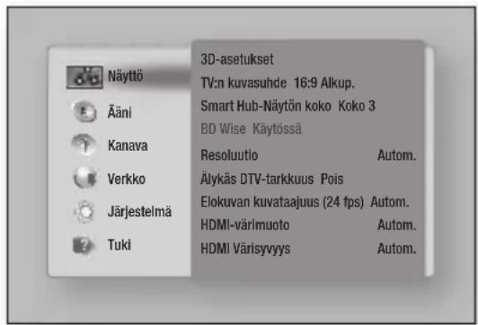 3D-asetukset TV:n kuvasuhde 16:9 Alkup. Smart Hub-Näytön koko Koko 3 BD Wise Käytössä Resoluutio Autom. Älykäs DTV-tarkkuus Pois Elokuvan kuvataajuus (24 fps) Autom. HDMI-värilmuoto Autom. HDMI Värisyvyys Autom.