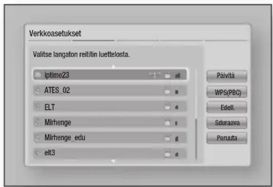 Verkkoasetukset Valitse langaton reitin luettelosta. iptime23 ATES_02 ELT Mirhenge Mirhenge_edu elt3 Pälvitä WPS(PBC) Edell. Sduraava Paruuta