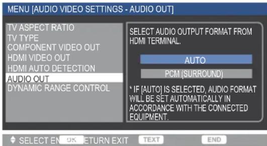 MENU [AUDIO VIDEO SETTINGS - AUDIO OUT] TV ASPECT RATIO TV TYPE COMPONENT VIDEO OUT HDMI VIDEO OUT HDMI AUTO DETECTION AUDIO OUT DYNAMIC RANGE CONTROL SELECT AUDIO OUTPUT FORMAT FROM HDMI TERMINAL. AUTO PCM (SURROUND) * IF [AUTO] IS SELECTED, AUDIO FORMAT WILL BE SET AUTOMATICALLY IN ACCORDANCE WITH THE CONNECTED EQUIPMENT. SELECT EN OK RETURN EXIT TEXT END