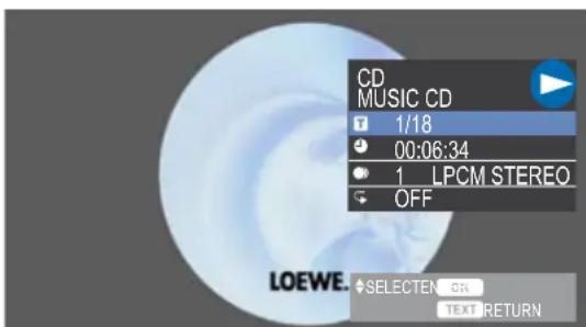 CD MUSIC CD 1/18 00:06:34 1 LPCM STEREO OFF LOEWE. SELECTEN ON TEXT RETURN