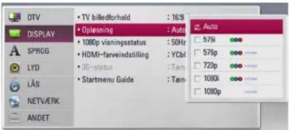 DTV DISPLAY • TV billedforhold : 16:9 • Oplesning : Auto • 1080p visningsstatus : 50Hz • HDMI-farveiadstilling : YCbI • 30-status : Tan • Startmenu Guide : Tan Auto 576i 576p 720p 1080k 1080p