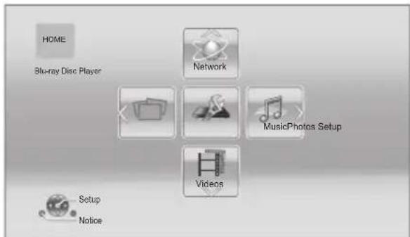 HOME Blue-ray Disc Player Network MusicPhotos Setup Setup Notice