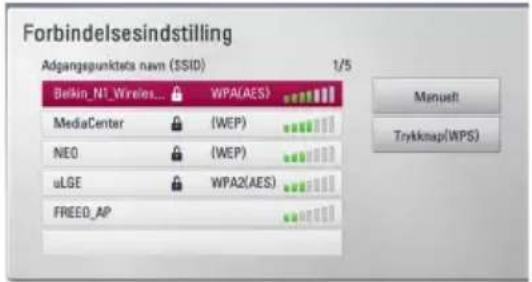 Forbindelsindstilling Adgangspunktes nam (SSID) 1/5 Beikin_N1_Wireles... WPA(AES) MediaCenter (WEP) NEO (WEP) uLGE WPA2(AES) FRIED_AP Manuelt Trykmap(WPS)