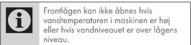 Frontlågen kan ikke åbnes hvis vandtemperaturen i maskinen er høj eller hvis vandniveauet er over lågens niveau.