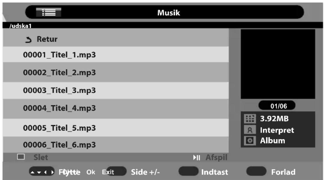 /udska1 Retur 00001_Titel_1.mp3 00002_Titel_2.mp3 00003_Titel_3.mp3 00004_Titel_4.mp3 00005_Titel_5.mp3 00006_Titel_6.mp3 Slet Offtte Ok Exit Side +/- Indtast Forlad 01/06 3.92MB Interpret Album