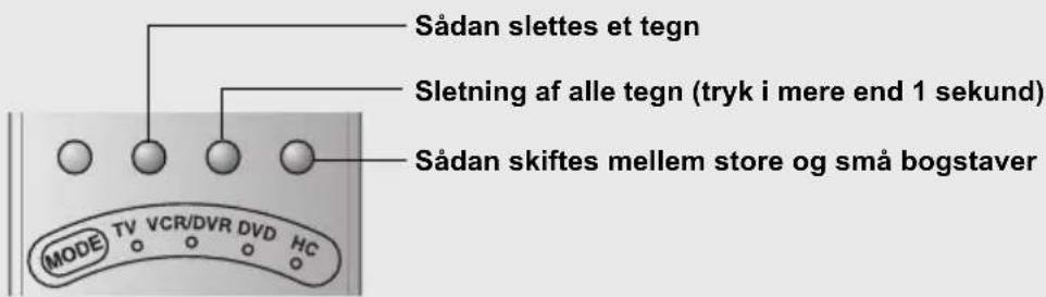 Sådan slettes et tegn Sletning af alle tegn (tryk i mere end 1 sekund) Sådan skiftes mellem store og små bogstaver (MODE TV VCR/DVR DVD HC