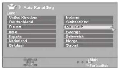 Auto kanalsøgning Land Storbritannien Tyskland Frankrig Italien Tapeaux Holland Belgien Irland Schweiz Danmark Sverige Østrig Norge Finland iStart Fortsæt