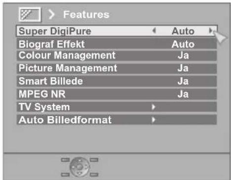 Funktioner Super DigiPure Auto Biograf Effekt Auto Farvestyring Ja Billedstyring Ja Smart Billede Ja MPEG NR Ja TV-system Auto Billedformat