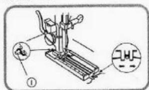 Technical diagram of a sewing machine with labeled parts and magnified views