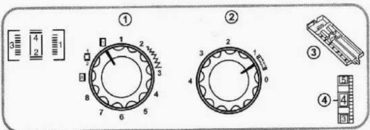 Technical diagram showing four labeled circular components with numbered parts and a schematic of a device with numbered parts.