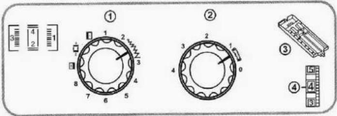 Technical diagram showing four labeled mechanical components with numbered parts and a schematic symbol below.