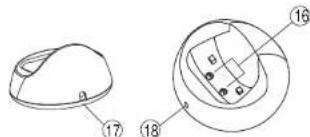 Technical diagram showing two views of a computer mouse with labeled parts and numbered annotations