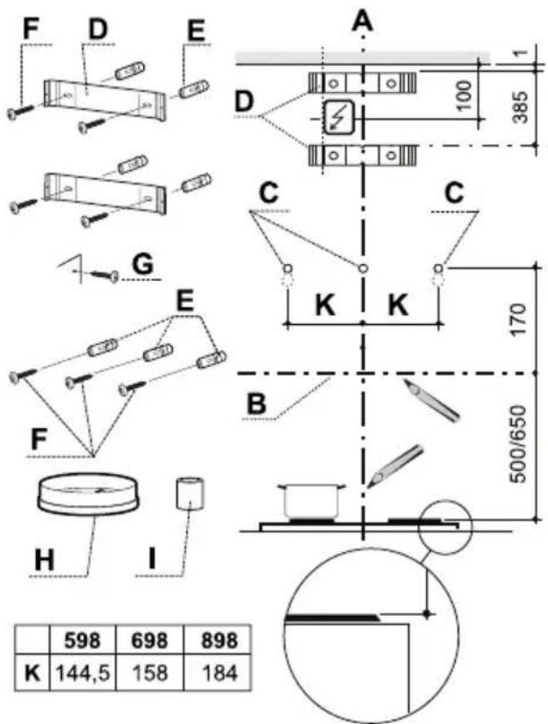 F D E A 100 385 D C C K K 170 B 500/650 H I 598 698 898 K 144,5 158 184