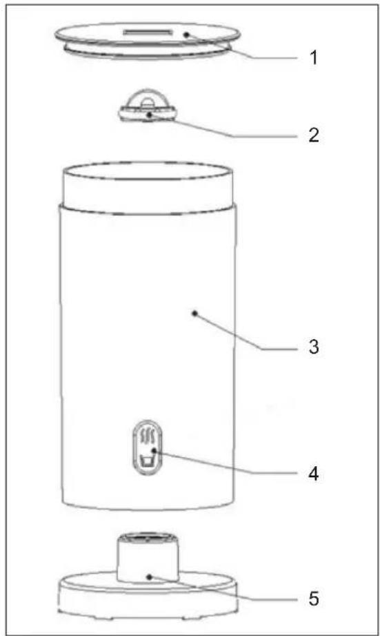 Diagram of a cylindrical device with labeled parts, showing internal components and mounting points.