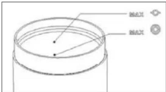 Technical diagram of a cylindrical component with labeled parts and three circular features on the side.