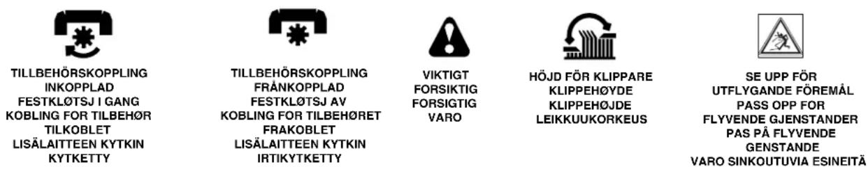 TILLBEHÖRSKOPPLING INKOPPLAD FESTKLÖTSJ I GANG KOBLING FOR TILBEHÖR TILKOBLET LISÄLAITTEEN KYTKIN KYTKETTY TILLBEHÖRSKOPPLING FRÄNKOPPLAD FESTKLÖTSJ AV KOBLING FOR TILBEHÖRET FRAKOBLET LISÄLAITTEEN KYTKIN IRTIKYTKETTY VIKTIGT FORSIKTIG FORSIGTIG VARO HÖJD FÖR KLIPPARE KLIPPEHÖYDE KLIPPEHÖJDE LEIKKUUKORKEUS SE UPP FÖR UTFLYGANDE FÖREMÅL PASS OPP FOR FLYVENDE GJENSTANDER PAS PÅ FLYVENDE GENSTANDE VARO SINKOUTUVIA ESINEITÄ