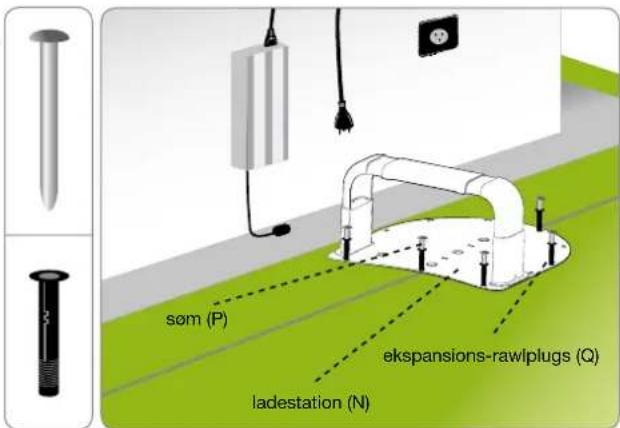 søm (P) ekspansions-rawlplugs (Q) ladestation (N)