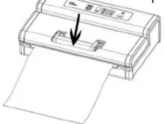 Diagram of a printer with paper and a paper holder, showing a downward arrow indicating the printer's position.