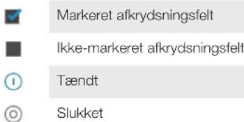 Markeret afkrydsningsfelt Ikke-markeret afkrydsningsfelt Tændt Slukket