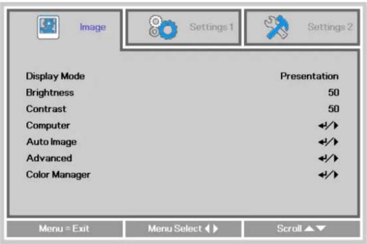 Display Mode Brightness Contrast Computer Auto Image Advanced Color Manager Presentation 50 50 +/+ +/+ +/+ +/+ +/+ Menu = Exit Menu Select ▶▶ Scroll ▲▼