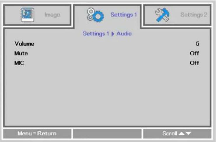 Image Settings 1 Settings 2 Settings 1 ▶ Audio Volume 5 Mute Off MIC Off Menu = Return Scroll ▲▼
