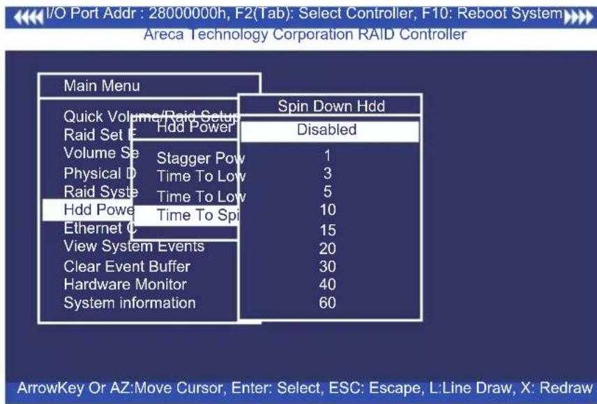 I/O Port Addr : 28000000h, F2(Tab): Select Controller, F10: Reboot System Areca Technology Corporation RAID Controller Main Menu Spin Down Hdd Quick Volume/Raid Setup Raid Set E Hdd Power Disabled Volume Se Stagger Pow 1 Physical D Time To Low 3 Raid Syste Time To Low 5 Hdd Powe Time To Spi 10 Ether…