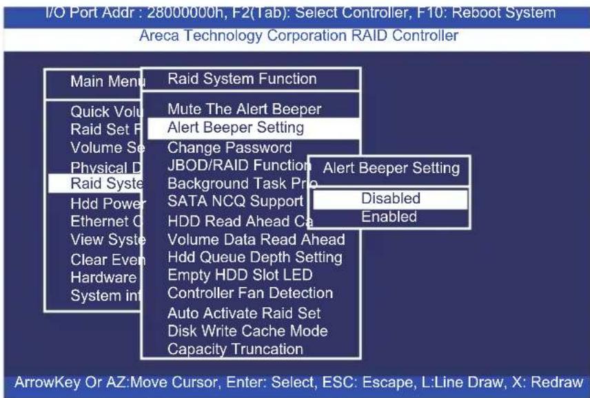 I/O Port Addr : 28000000h, F2(Tab): Select Controller, F10: Reboot System Areca Technology Corporation RAID Controller Main Menu Quick Volu Raid Set P Volume Se Physical D Raid Syste Hdd Power Ethernet O View Syste Clear Even Hardware System int Raid System Function Mute The Alert Beeper Alert Beepe…