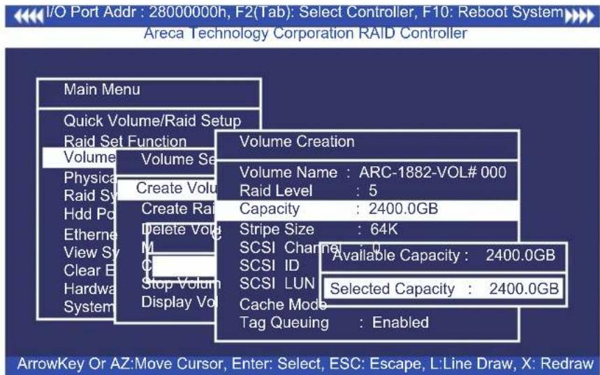 I/O Port Addr : 28000000h, F2(Tab): Select Controller, F10: Reboot System Areca Technology Corporation RAID Controller Main Menu Quick Volume/Raid Setup Raid Set Function Volume Volume Selection Physical Create Volume Raid Sy Create Rai Hdd Po Delete Volc View Sy Stop Volum Clear E Hardware Display…
