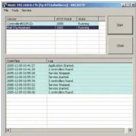 Host: 192.168.0.176 [fp-875@lab@ftc] - ARCHITIP File Tools Service Service HTTP PRICE 3000 Controller #01/PCI: 1000 Running Mail Cig Assistant 1002 Running Start Close Data Time Log 2005-12-09 10:41:27 Application Started. 2005-12-09 10:41:28 2 controllers found. 2005-12-09 10:55:28 Service Stopped.…