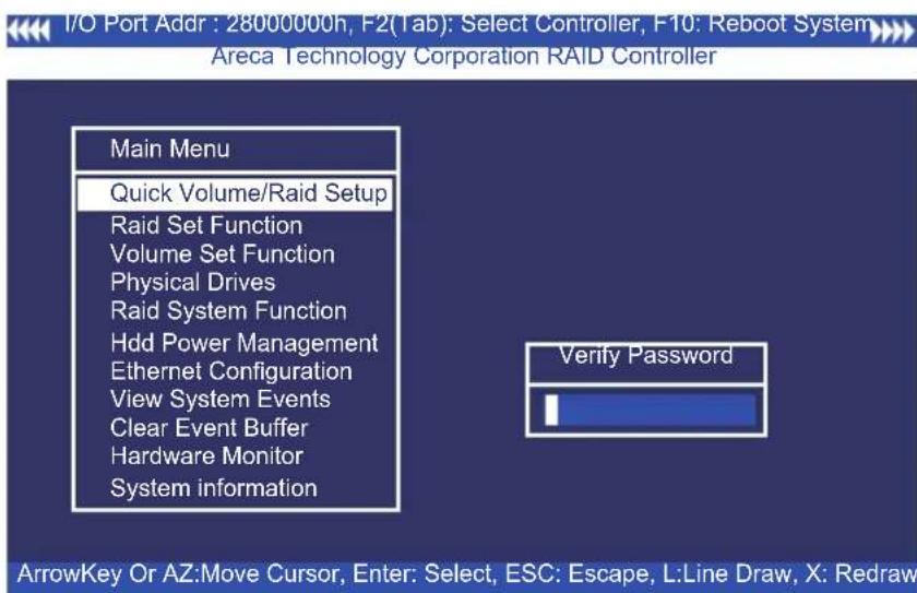 I/O Port Addr : 28000000h, F2(Tab): Select Controller, F10: Reboot System Areca Technology Corporation RAID Controller Main Menu Quick Volume/Raid Setup Raid Set Function Volume Set Function Physical Drives Raid System Function Hdd Power Management Ethernet Configuration View System Events Clear Eve…