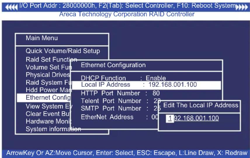 I/O Port Addr : 28000000h, F2(Tab): Select Controller, F10: Reboot System Areca Technology Corporation RAID Controller Main Menu Quick Volume/Raid Setup Raid Set Function Volume Set Fun Physical Drives Raid System Fun Hdd Power Main Ethernet Config View System Ev Clear Event Buf Hardware Monit Syste…