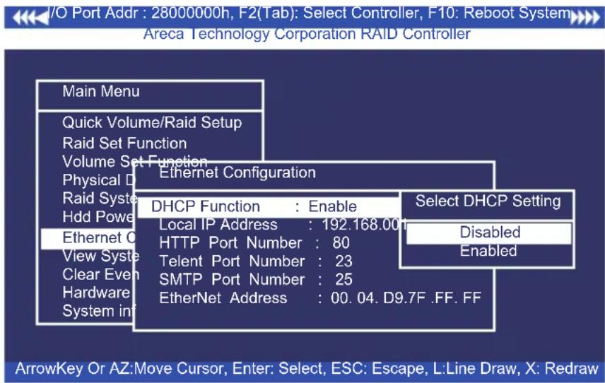 I/O Port Addr : 28000000h, F2(Tab): Select Controller, F10: Reboot System Areca Technology Corporation RAID Controller Main Menu Quick Volume/Raid Setup Raid Set Function Volume Set Function Physical D Raid Syste Hdd Power Ethernet Configuration DHCP Function : Enable Local IP Address : 192.168.001…