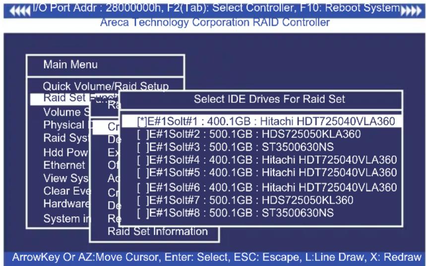 I/O Port Addr : 28000000h, F2(Tab): Select Controller, F10: Reboot System Areca Technology Corporation RAID Controller Main Menu Quick Volume/Raid Setup Raid Set Function Volume S Physical Cr Raid System De Ex Ethernet Out View Sys Clear Eve Hardware De System in Select IDE Drives For Raid Set [*]E#…