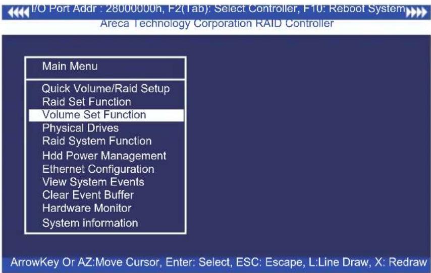 I/O Port Addr : 28000000h, F2(Tab): Select Controller, F10: Reboot System Areca Technology Corporation RAID Controller Main Menu Quick Volume/Raid Setup Raid Set Function Volume Set Function Physical Drives Raid System Function Hdd Power Management Ethernet Configuration View System Events Clear Eve…