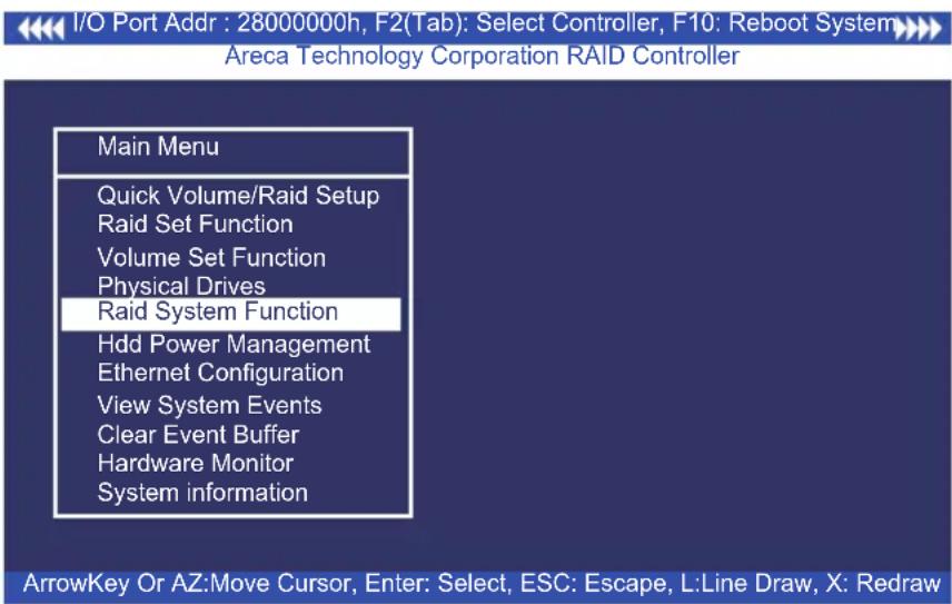 I/O Port Addr : 28000000h, F2(Tab): Select Controller, F10: Reboot System Areca Technology Corporation RAID Controller Main Menu Quick Volume/Raid Setup Raid Set Function Volume Set Function Physical Drives Raid System Function Hdd Power Management Ethernet Configuration View System Events Clear Eve…