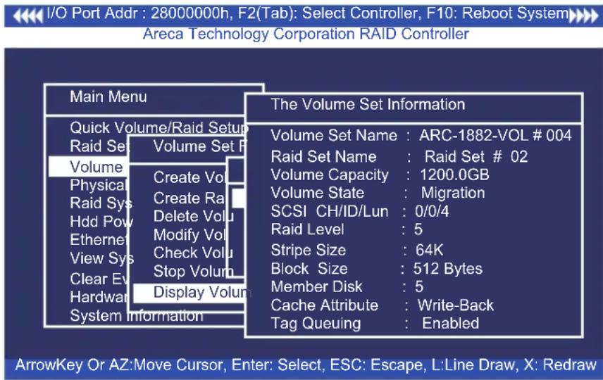 I/O Port Addr : 28000000h, F2(Tab): Select Controller, F10: Reboot System Areca Technology Corporation RAID Controller Main Menu Quick Volume/Raid Setup Raid Set Volume Set P Volume Create Vol Physical Create Ra Raid Sys Delete Vol Hdd Pow Modify Vol Ethernet Check Vol View Sys Stop Volum Clear Ev D…
