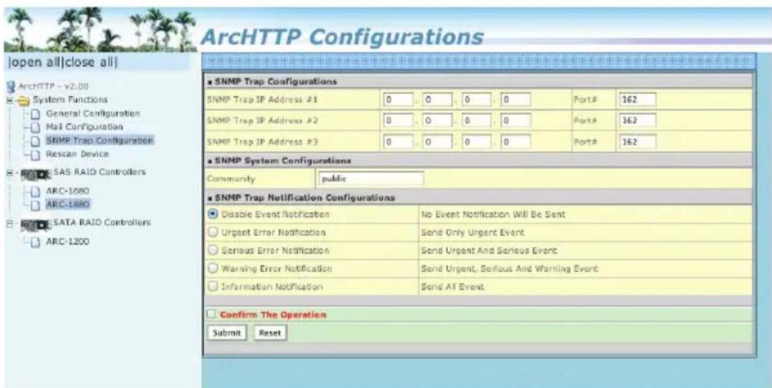 ArchHTTP Configurations |open all|close all| ArchHTTP - v2.00 System Functions General Configuration Mail Configuration SNMP Trap Configuration Rescan Device SAS RAID Controllers ARC-1080 ARC-1880 SATA RAID Controllers ARC-1200 SNMP Trap Configurations SNMP Trap IP Address #1 0 0 0 0 Port# 162 SNMP…