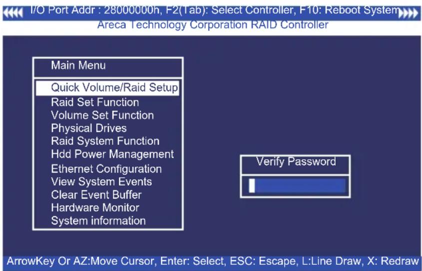 I/O Port Addr : 28000000h, F2(1ab): Select Controller, F10: Reboot System Areca Technology Corporation RAID Controller Main Menu Quick Volume/Raid Setup Raid Set Function Volume Set Function Physical Drives Raid System Function Hdd Power Management Ethernet Configuration View System Events Clear Eve…