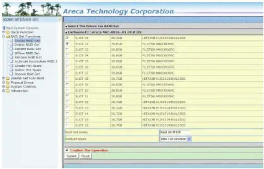 Areca Technology Corporation Open all|close all| Rad System Corpox: Quick Function RAID Set Functions Create RAID Set Delete RAID Set Expand RAID Set Offuse RAID Set Rename RAID Set Activate Incomplete RAID E Create Hot Spars Delete Hot Spars Recover Raid Set Volume Set Functions Physical Drives Sys…