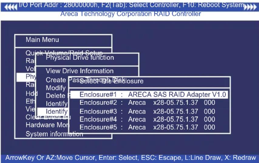 I/O Port Addr : 28000000h, F2(1ab): Select Controller, F10: Reboot System Areca Technology Corporation RAID Controller Main Menu Quick Volume/Raid Setup Rat Physical Drive function Vol View Drive Information Phy Create Pass Through the Disk Rat Modify Select the Enclosure Hdd Delete Enclosure#1 : AR…