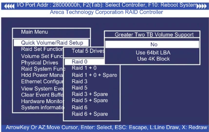 I/O Port Addr : 28000000h, F2(Tab): Select Controller, F10: Reboot System Areca Technology Corporation RAID Controller Main Menu Quick Volume/Raid Setup Raid Set Function Volume Set Func Physical Drives Raid System Func Hdd Power Mana Ethernet Configur View System Eve Clear Event Buffe Hardware Moni…