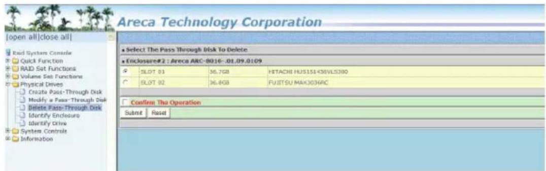 Areca Technology Corporation [open all|close all] Raid Systems Console Quick Function RAID Set Functions Volume Set Functions Physical Drives Create Pass-Through Disk Modify a Pass-Through Disk Delete Pass-Through Disk Identify Enclosure Identify Drive System Controls Information Select The Pass Thr…